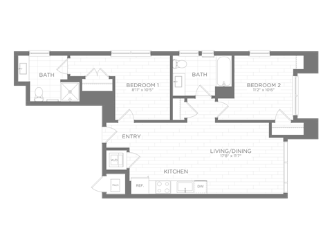 Floor plan for 2 beds, 2 baths, 774 sqft